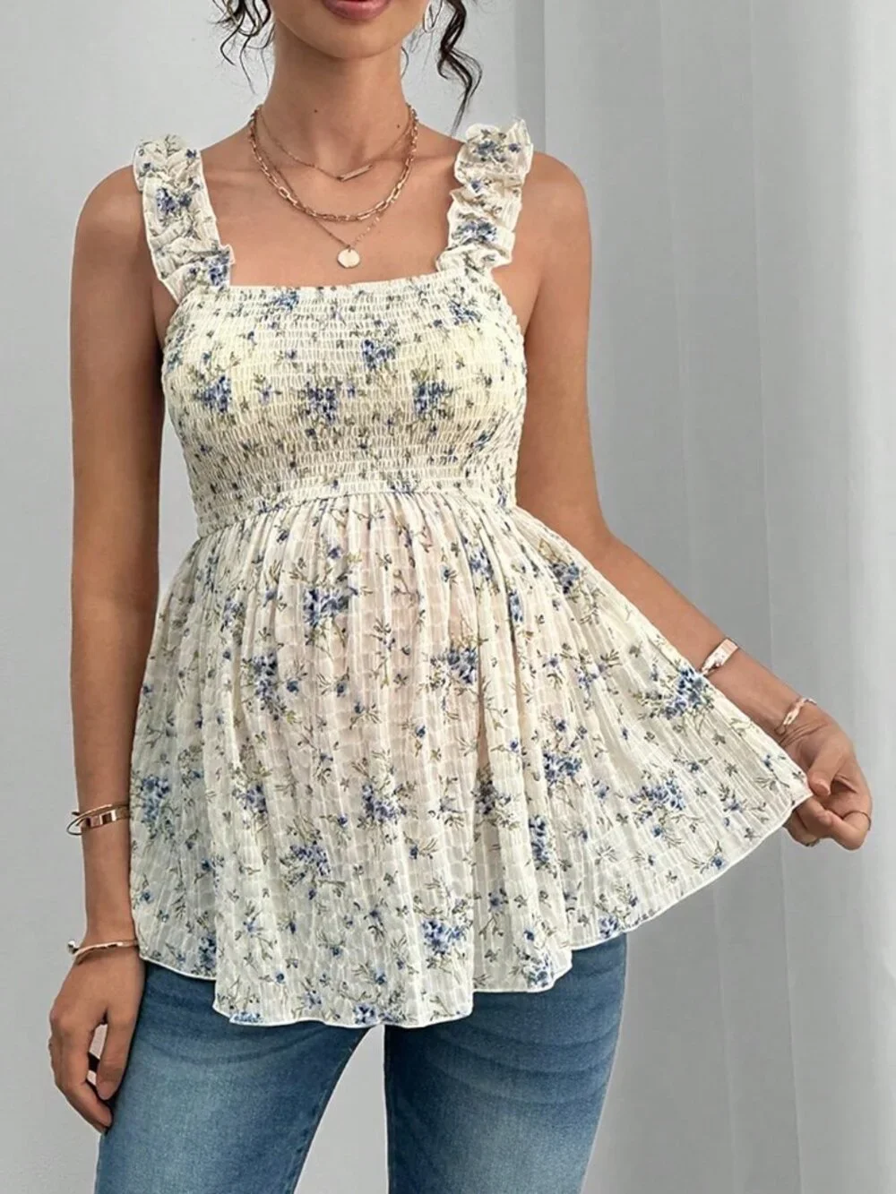 Boho Blue And White Maternity Frill Trim Women's Camisole